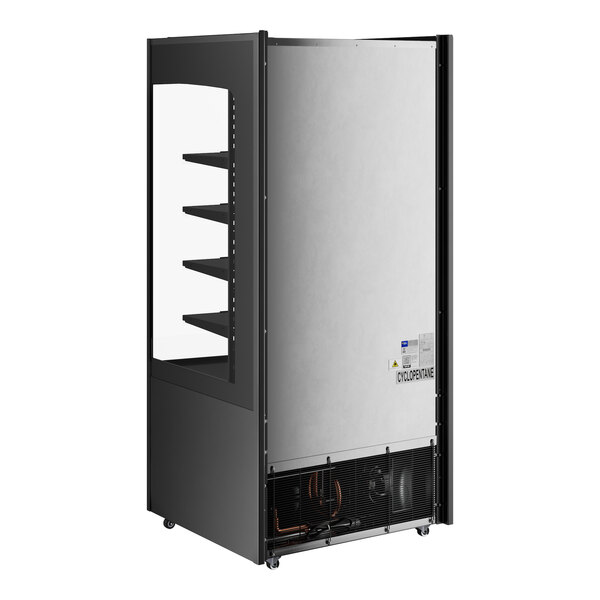 An Avantco black vertical air curtain merchandiser with glass doors and shelves.