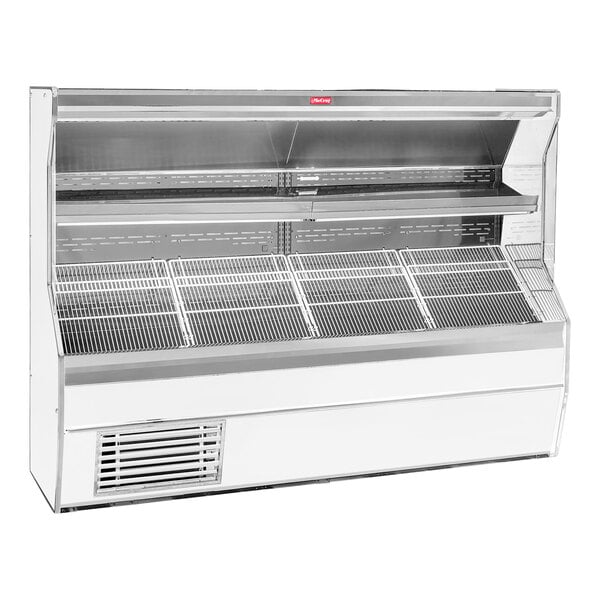 A white Howard McCray 32E series open air produce merchandiser with shelves.