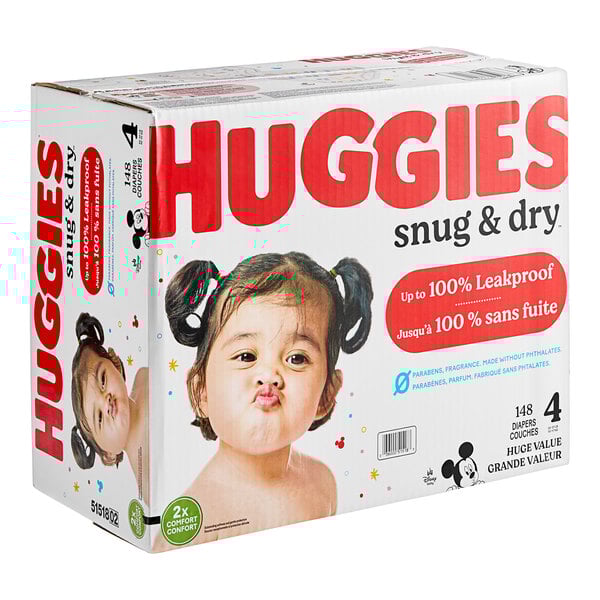 A box of Huggies Snug & Dry Size 4 baby diapers.