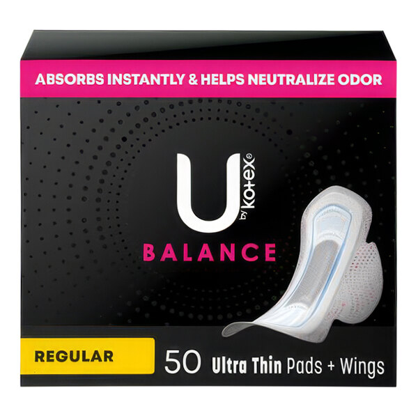 A white box of U by Kotex Balance Ultra Thin Regular Pads with Wings.