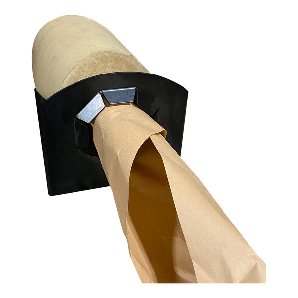 A roll of brown kraft paper with a steel table-mount dispenser on top.