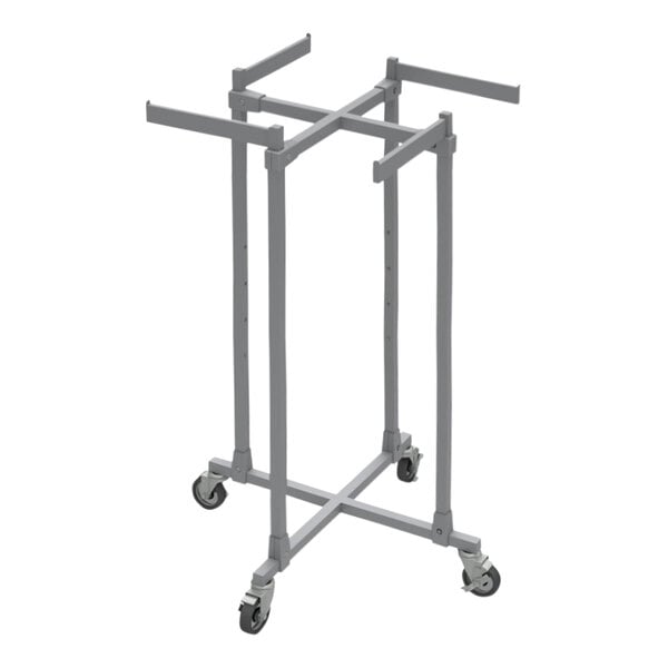 A grey metal Grand + Benedicts Burnside 4-Way Metal Garment Rack with four legs.