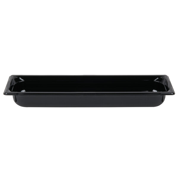 A black rectangular Vollrath plastic food pan.