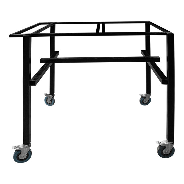 A black metal Encore Packaging small tote cart with blue wheels.