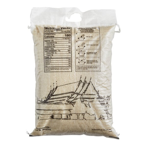 A Royal Thai Premium Jasmine White Rice bag with a label.