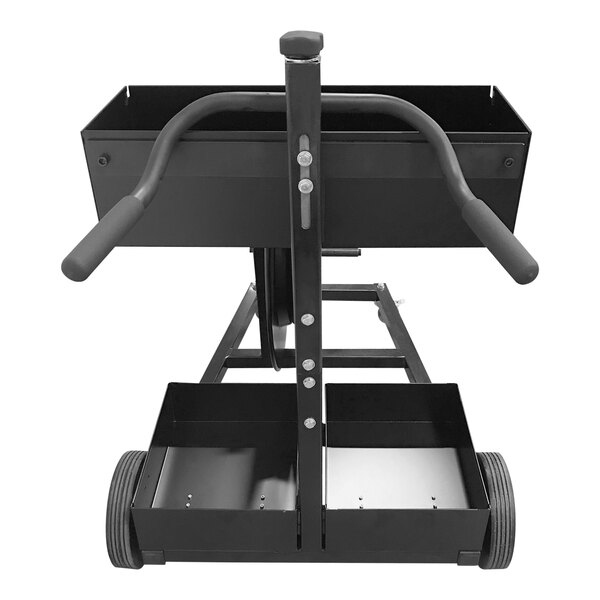 An Encore Packaging mobile oscillated-wound strapping dispenser cart with two wheels and a handle.