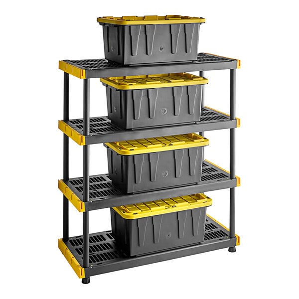 A Tough Shelf industrial storage rack with 4 black and yellow plastic bins on it.