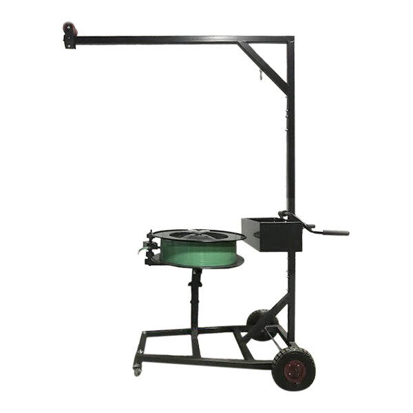 A black metal Encore Packaging strapping dispenser cart with a green drum on a green wheel.