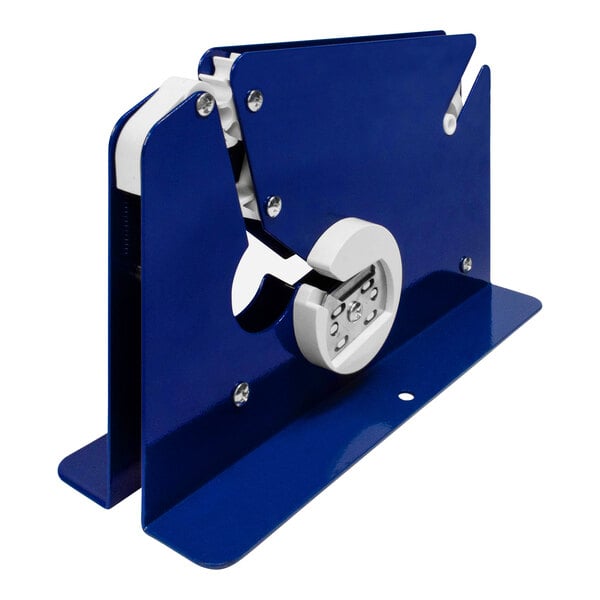 A blue and white metal Encore Packaging Poly Tubing Tape Sealer with white plastic parts.