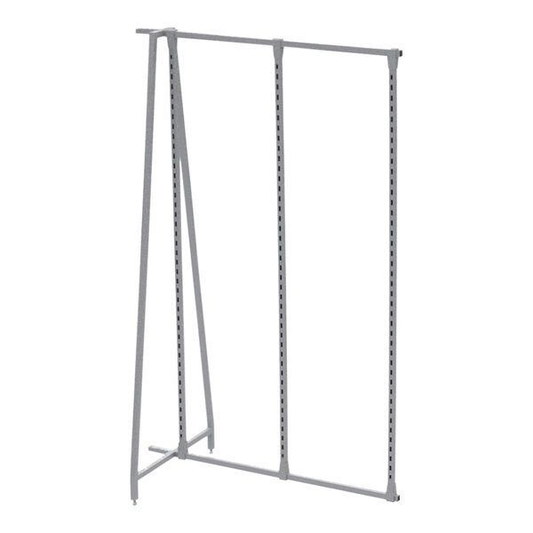 A Grand + Benedicts silver metal double-sided retail display D-frame with metal shelves on chains.