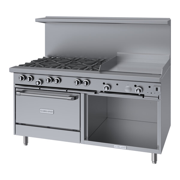 A large stainless steel commercial gas range with six burners, a 24-inch griddle, a convection oven, and a storage base.