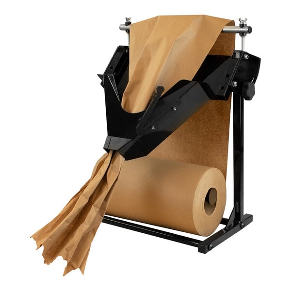An Encore Packaging steel table-mount paper dispenser holding a brown paper roll.