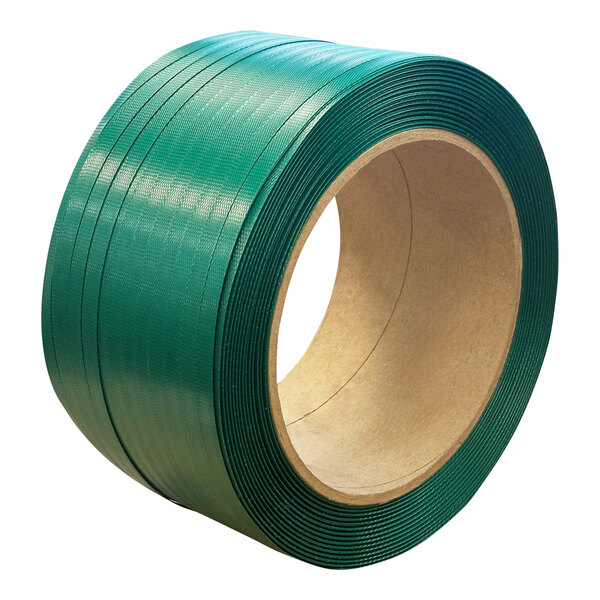 A green polyester strapping coil.