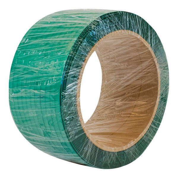 A roll of green polyester strapping with a plastic cover.