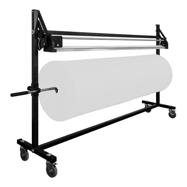 A white roll of stretch wrap on a rolling rack.