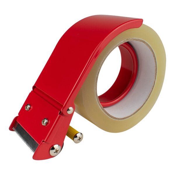 A red and metal Encore Packaging clam shell tape dispenser.