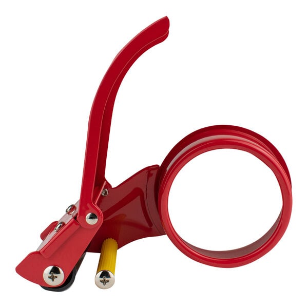 A red Encore Packaging steel clam shell tape dispenser with a yellow handle.