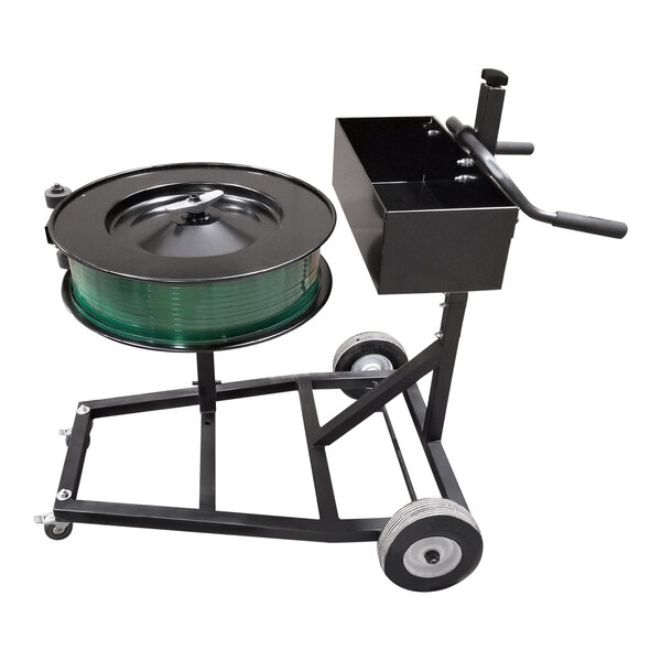 An Encore Packaging Mobile Horizontal Oscillated-Wound Strapping Dispenser on a black and green cart with green wheels.