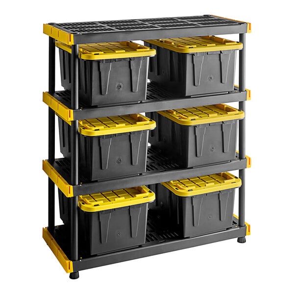 A black and yellow Tough Shelf system with black plastic grid shelves holding black and yellow Tough Boxes.