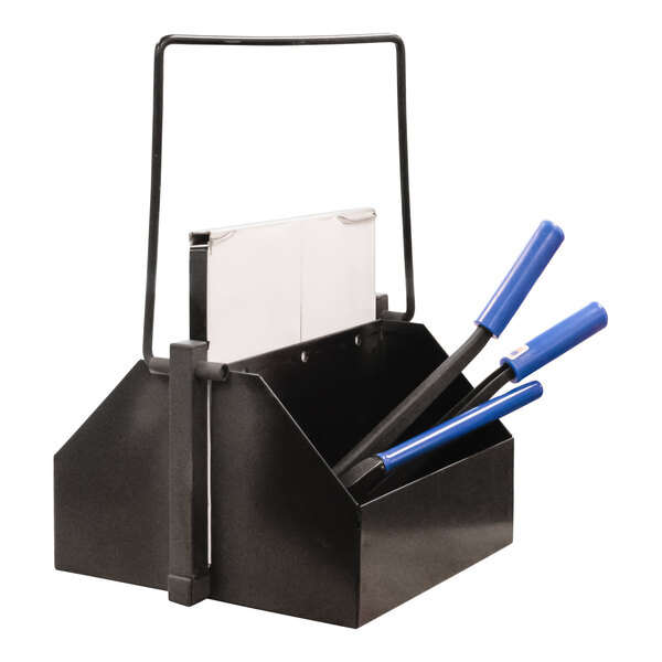 A black Encore Packaging steel strap caddy with blue handles.