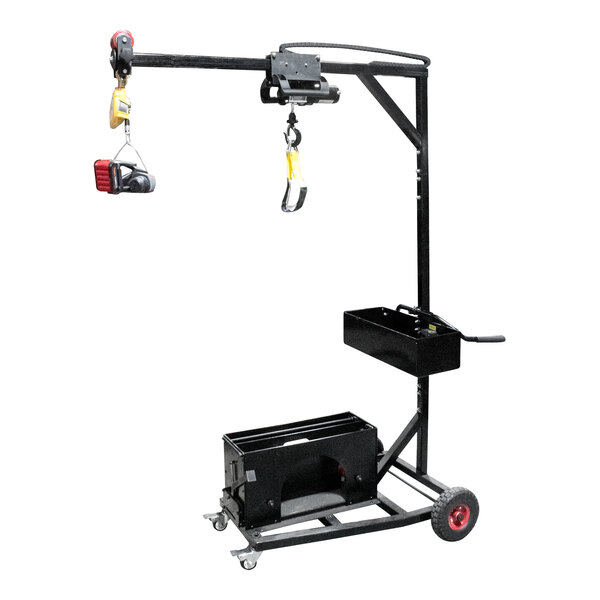 A black metal Encore Packaging mobile strapping dispenser with a tool mast and lifter device.