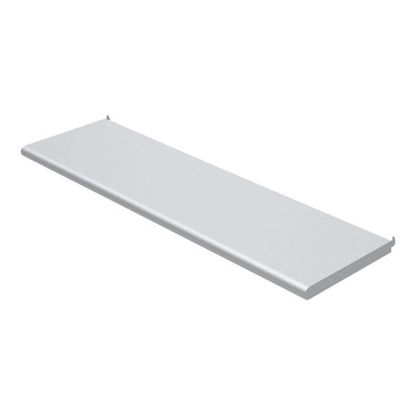 A silver metal bullnose shelf for merchandise displays on metal rods.