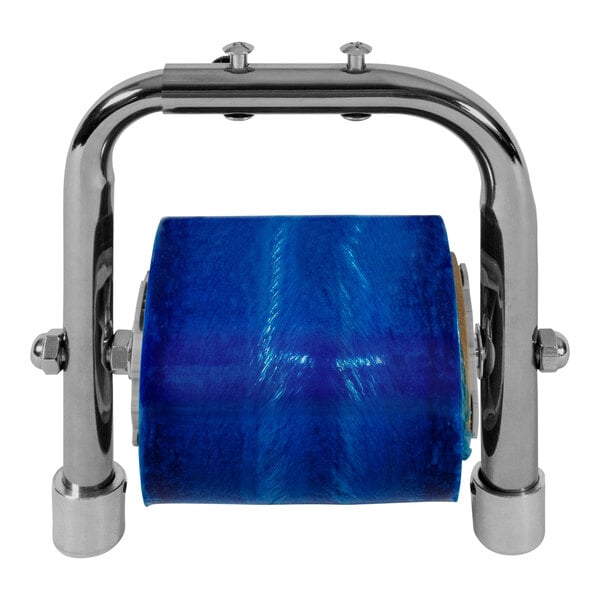 A blue roll of plastic on a metal holder.