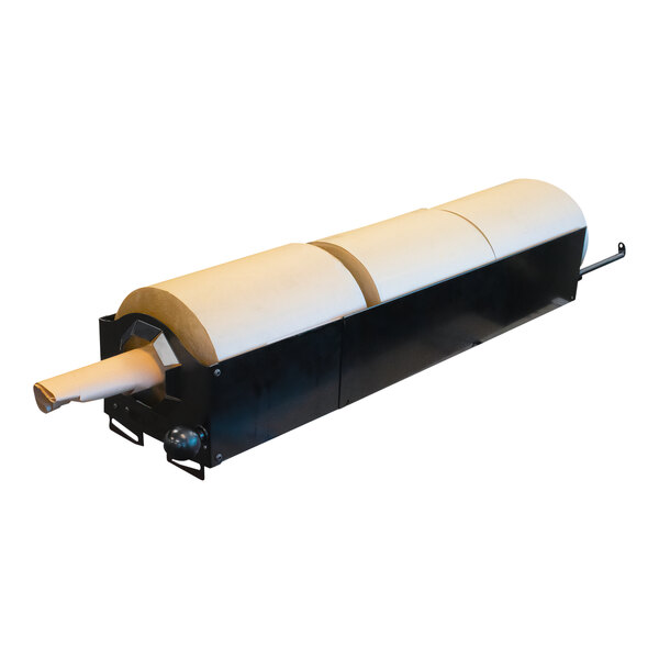 A roll of kraft paper on a black steel center pull dispenser.