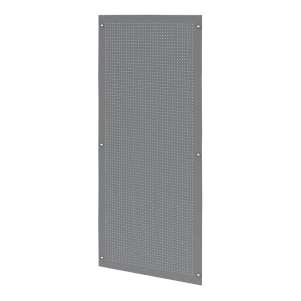 A grey rectangular metal panel with perforations.