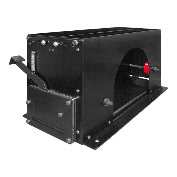 A black metal box with a red handle.
