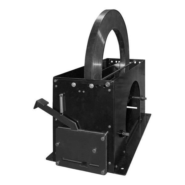 A black metal floor-mount strapping dispenser with a large round object and a cutter.