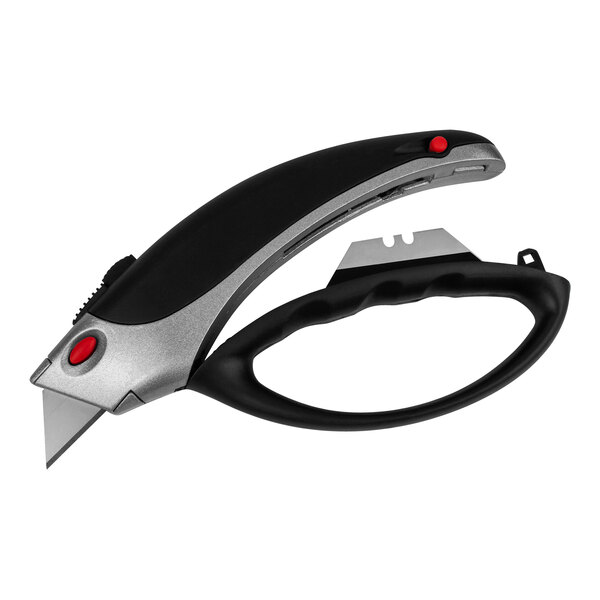 A black and silver utility knife with a red knuckle handle.