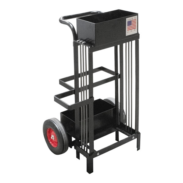 An Encore Packaging mobile strapping dispenser cart with a red handle and wheels.