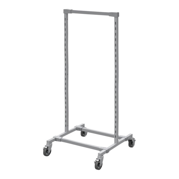 A grey metal merchandise frame with wheels.