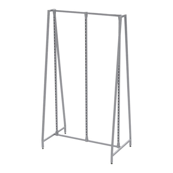 A Grand + Benedicts silver metal double-sided retail clothing display rack with metal shelves on both sides.