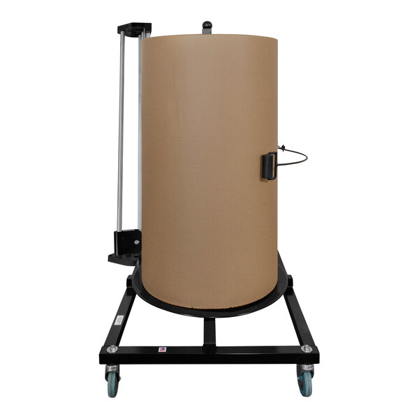 A large cylinder with a large brown roll of bubble packaging on a black cart.