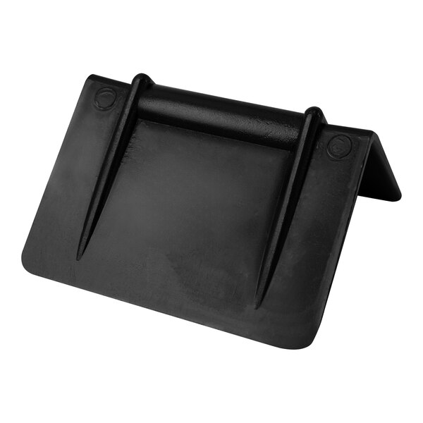 A black plastic Encore Packaging edge protector for strapping with three pointed corners.
