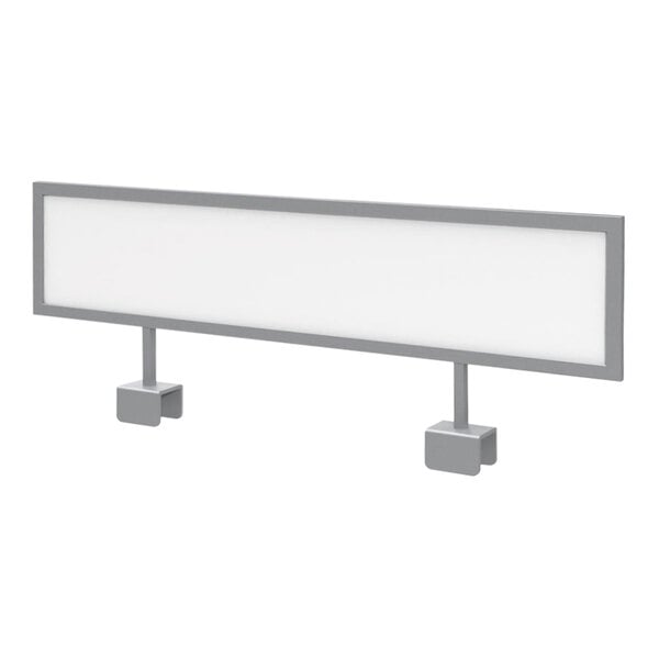 A white rectangular sign with a silver frame and two metal legs.