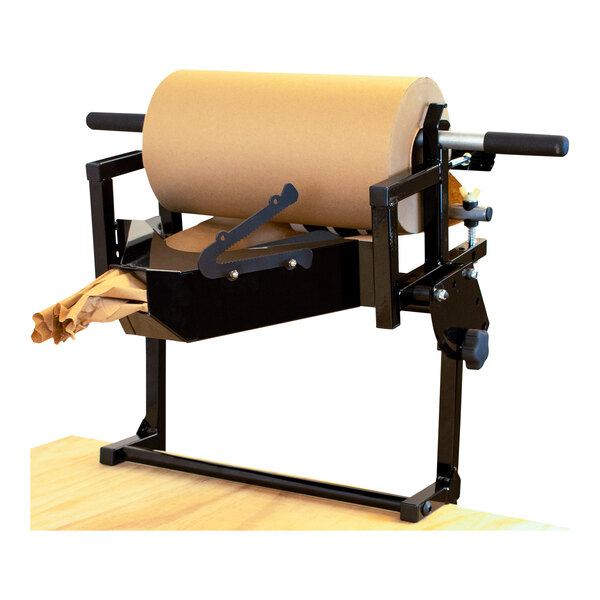 A Encore Packaging bench-mount paper roll holder with a roll of paper on it.