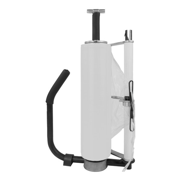 A white plastic roll with black handles used to stretch wrap pallets.