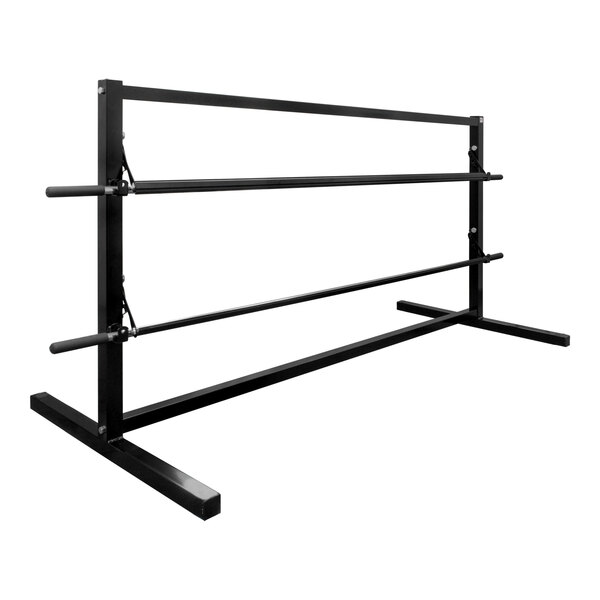 A black metal rack with two black bars on it.