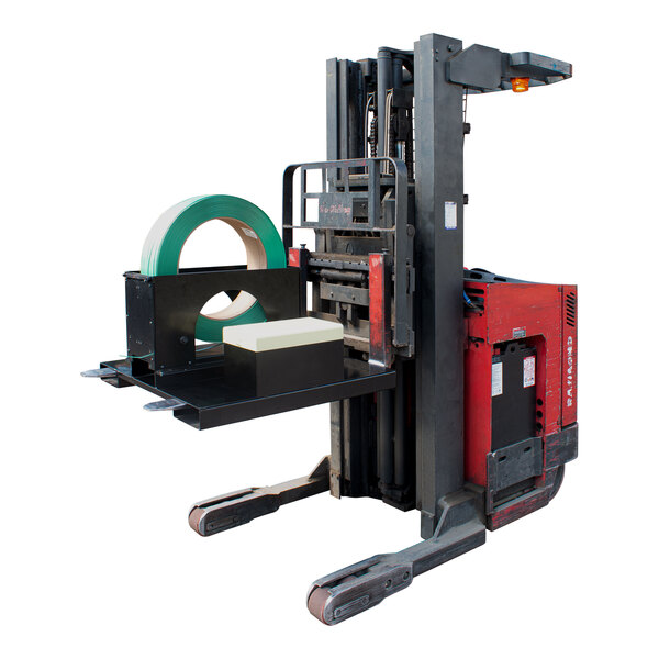 An Encore Packaging strapping dispenser attached to a forklift.