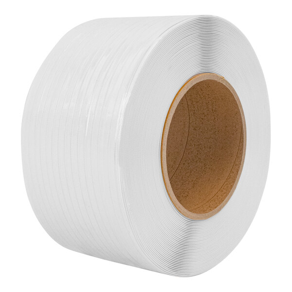 A white polypropylene strapping coil.