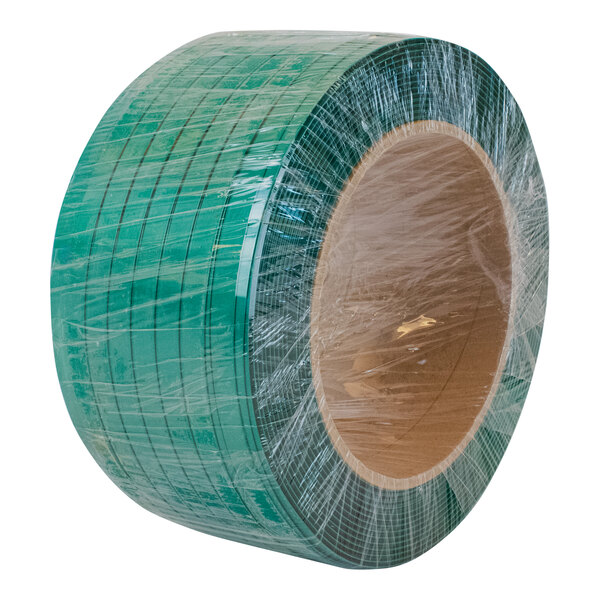 A roll of green polyester strapping with a plastic cover.