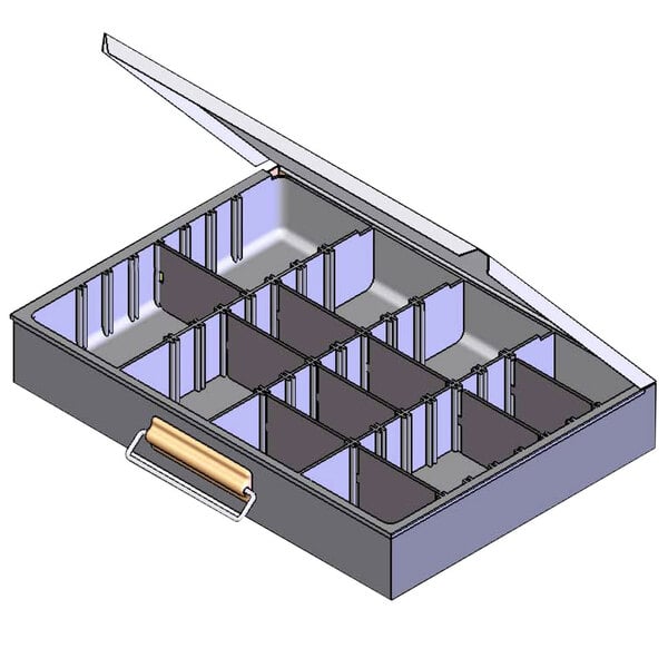 A metal box with a lid open and compartments inside.