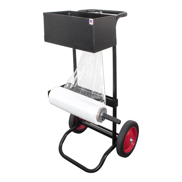 A black Encore Packaging Roper/Strapping Dispenser cart with a roll of plastic wrap on it.