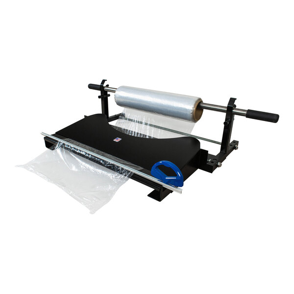 A machine holding a roll of Encore Packaging plastic wrap.