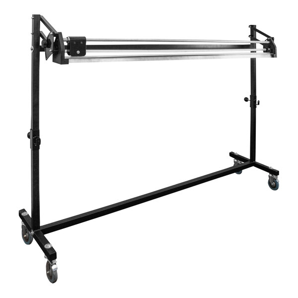 A metal rack with wheels and a white background.