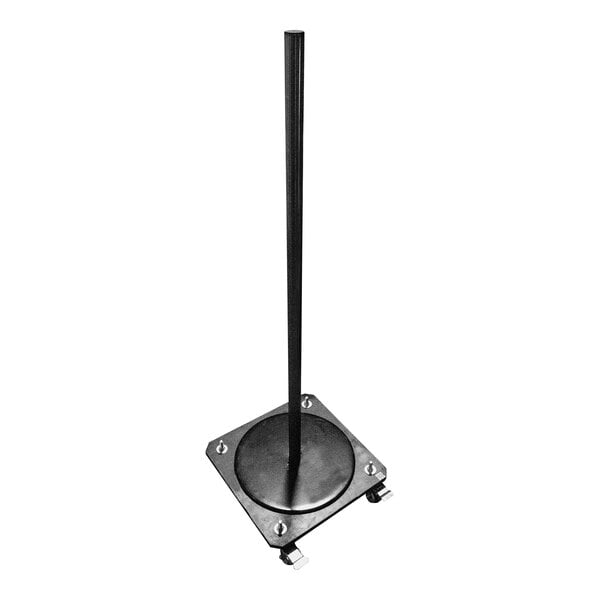 A black metal pole with a metal base for dispensing poly bags and tubing.