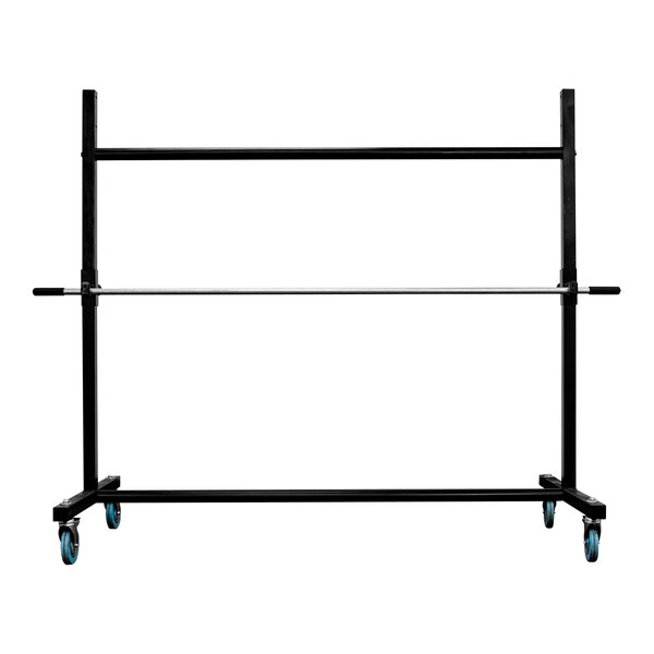 A black metal Encore Packaging Bi-Support roll stand with blue wheels.